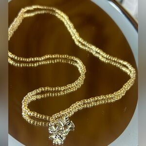 Gold Beaded Necklace Silver Hummingbird Flower Pendant Elegant Special Event
